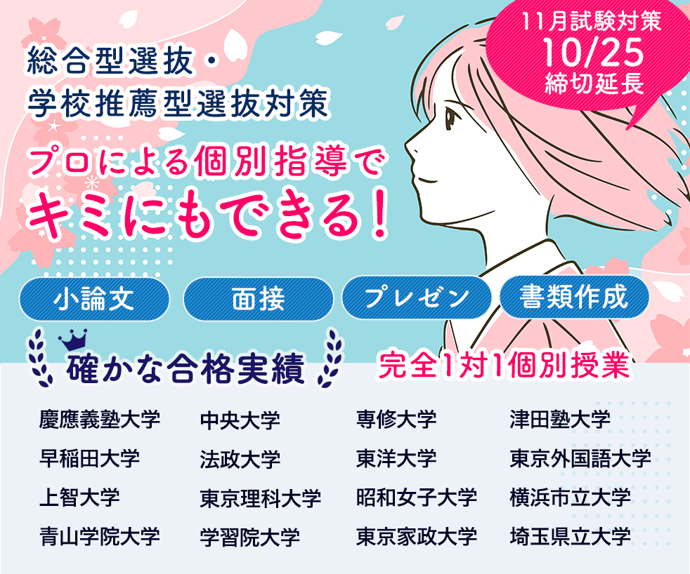 総合型選抜・学校推薦型選抜対策　プロによる個別指導でキミにもできる！確かな合格実績