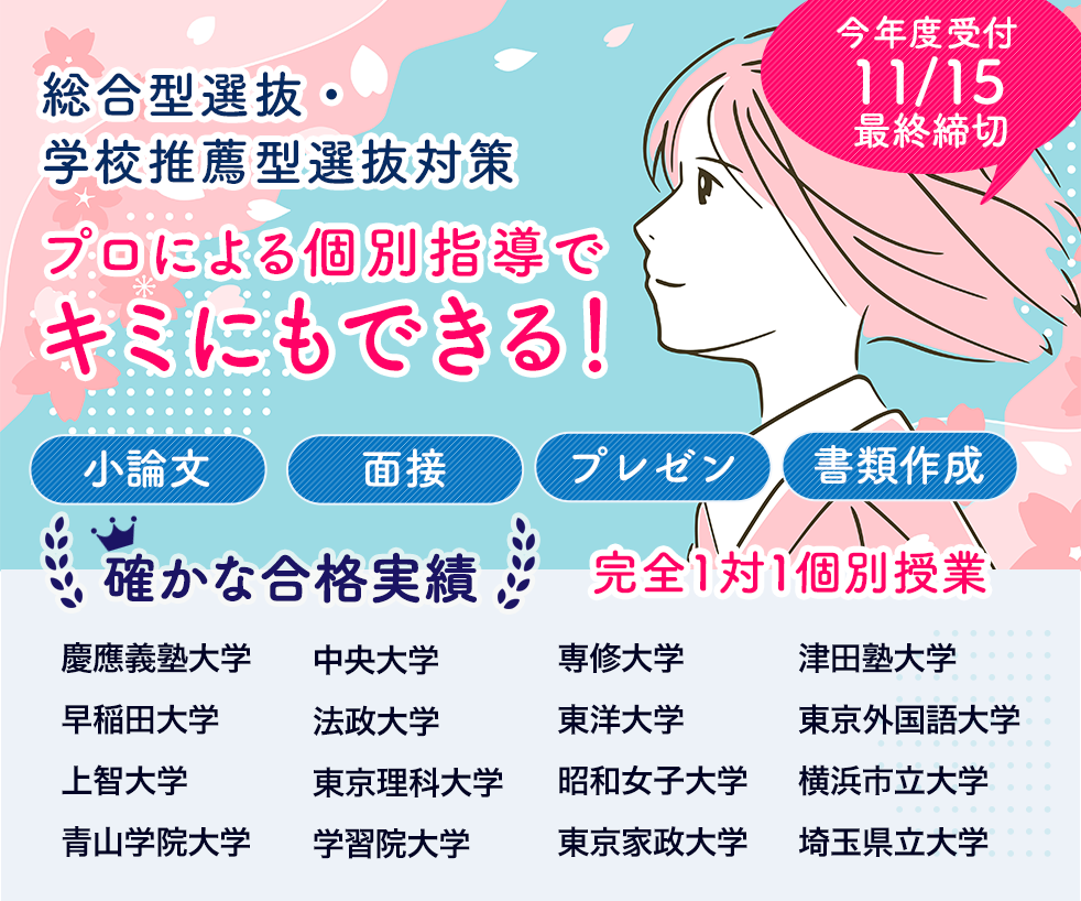 総合型選抜・学校推薦型選抜対策　プロによる個別指導でキミにもできる！確かな合格実績